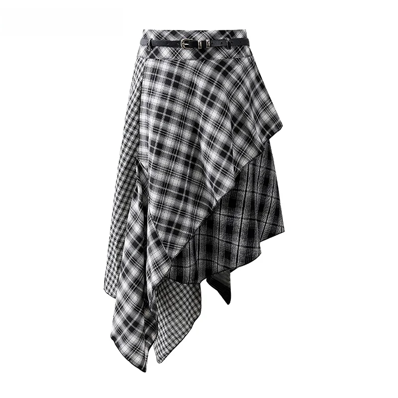 

Retro Spicy Girl Plaid Skirt Bla White Asymmetrical Splicing Skirt Spring Summer New Design Commute Sle High Waist
