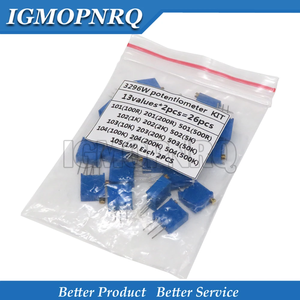 

3296W potentiometer 13values*2PCS 100R 200R 500R 1K 2K 5K 10K 20K 50K 100K 200K 500K 1M Variable resistors set