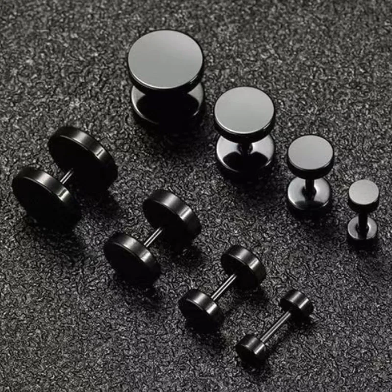 Punk Black Stainless Steel round Barbell Stud Earrings Unisex Dumbbell Rock Hiphop Style Ear Jewelry for Men And Women