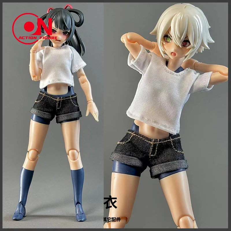 1/12 White T-shirt Black/Blue Trend Denim Shorts Clothes Model Fit 6'' OB BJD Female Soldier Action Figure Body Dolls