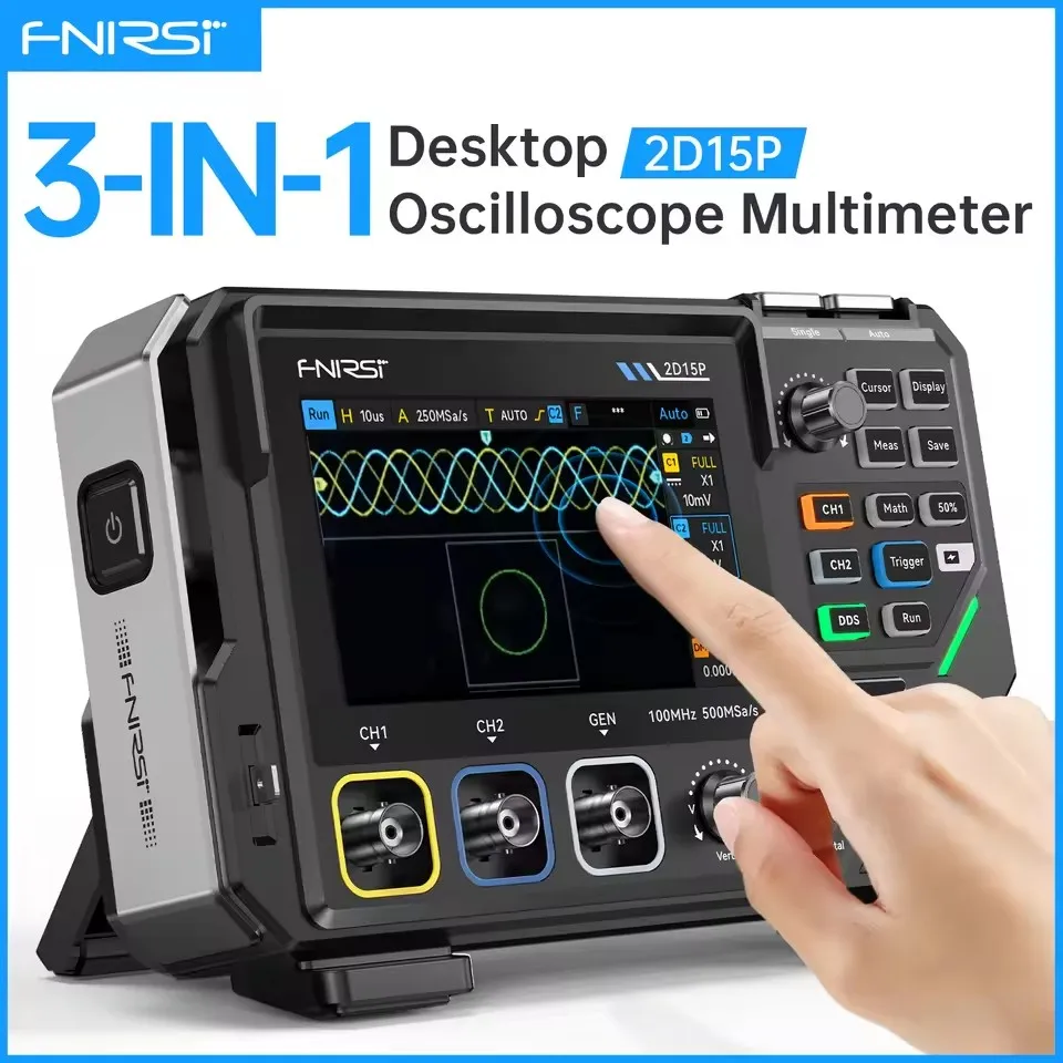 FNIRSI 2D15P Digital Oscilloscope Multimeter Signal Generator 3IN1 Touch Screen 2Channel 100MHz Bandwidth 500MSa/s 20000 Counts