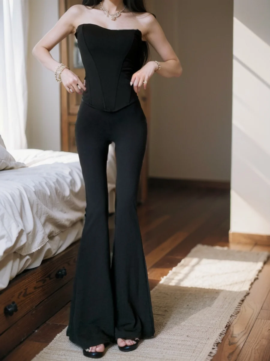 

Slim Fit Fishbone Tube Top Vest Women's Summer Black Set Casual Flared Pants Long Two Piece Set Fashionable Workwear Ensemble