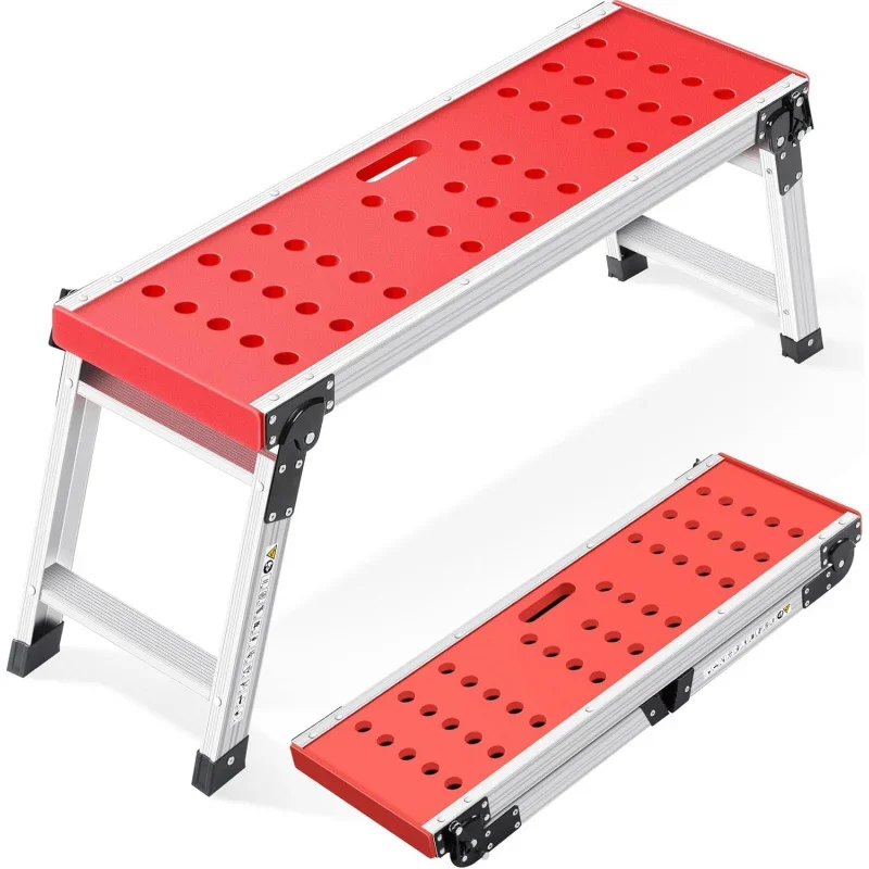 Folding Work Platform, Adjustable Step Ladder with Anti-Slip Feet Cover, Lightweight Stepladder with Safety Lock for Home