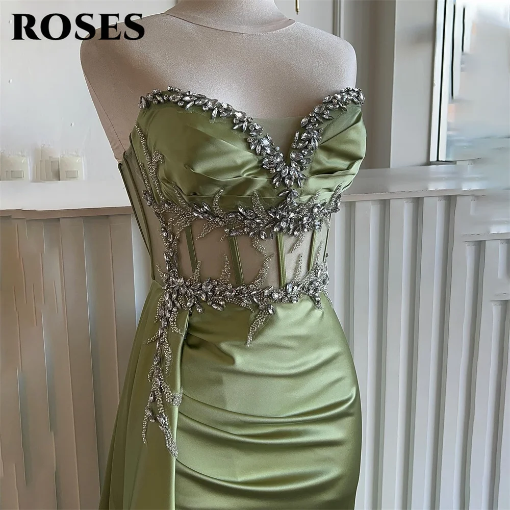

ROSES Green Stain Prom Dress Crystal Studs Celebrity Dress with High Split Women's Evening Dress Slim Fit Formal Gown Customized