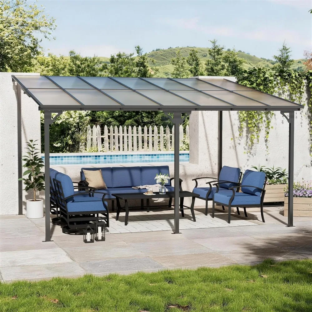 

10x14ft Wall-Mounted Hardtop Galvanized Steel Gazebo Sloped Polycarbonate Roof Ground Anchors Backyard Deck Patio,Customized