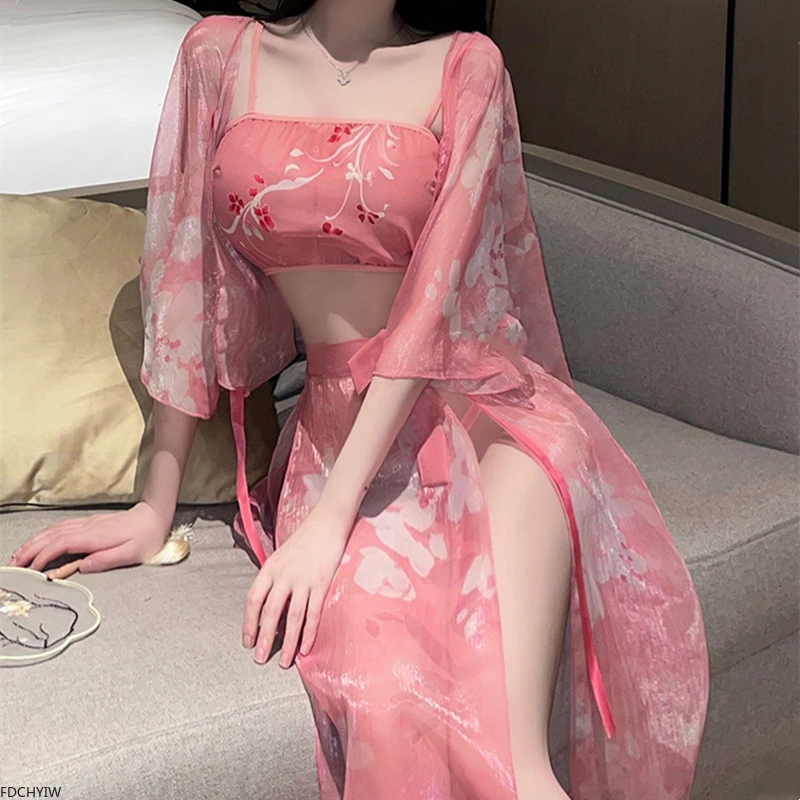 Hot Shawl Chinese Dress Temptation Pajamas Bandage Sexy Hanfu Skirt Women Lingerie High Split Skirt Cute Girls Ancient Costumes