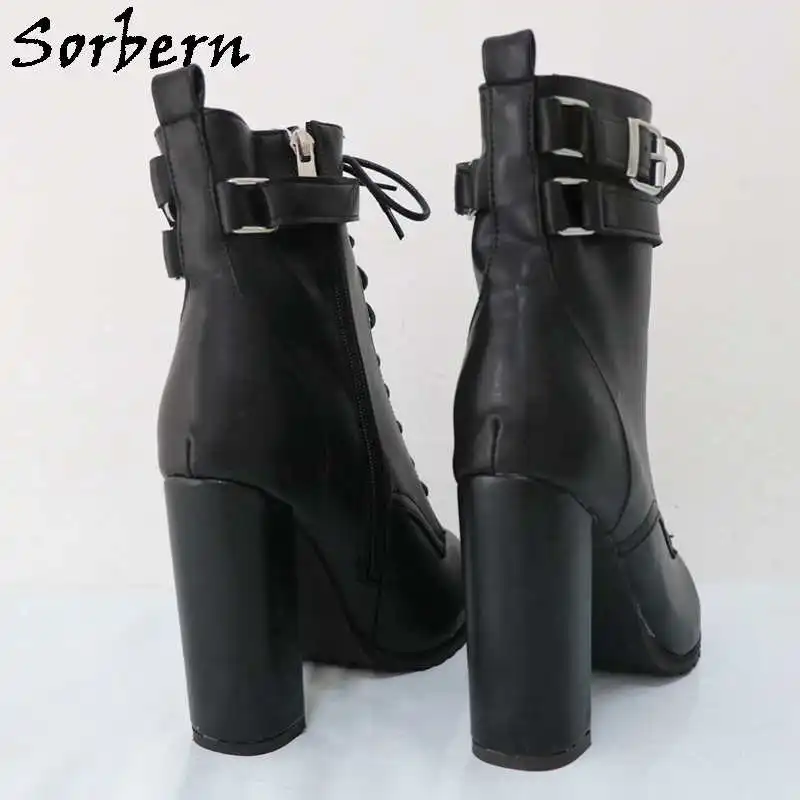 Sorbern Block High Heel Women Boots Ankle Straps Round Toe Hidden Platform Lace Up Shoes Chunky Heeled Short Booties Custom