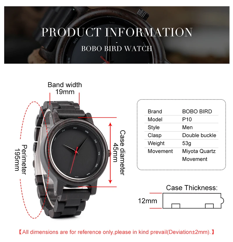 BOBO BIRD Men Watches Top Luxury Ebony Wooden Quartz Wristwatch Handmade Custom Logo Pattern Relogio Masculino