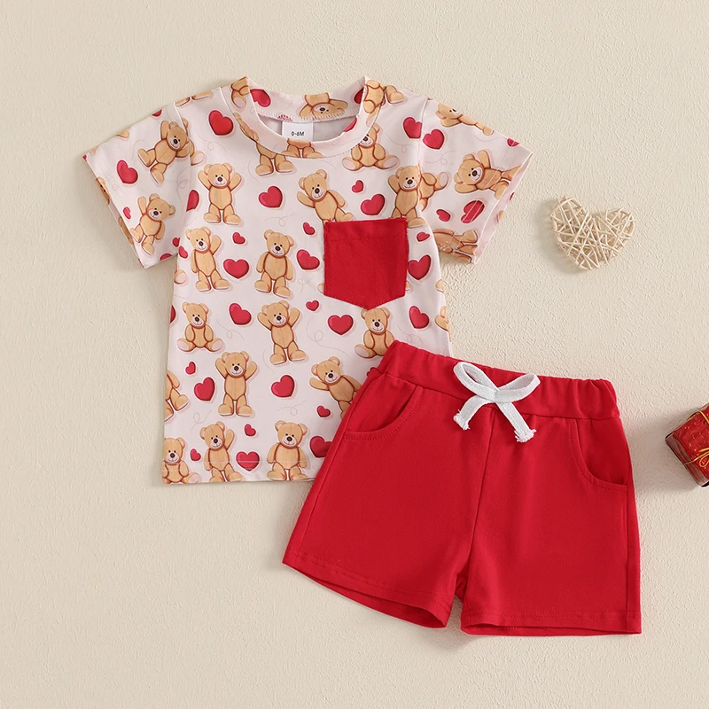 Toddler Boy Valentines Day Set Bear Heart Print Short Sleeve Crew Neck Tops Pockets Shorts 6 Months-5 Years