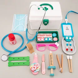 Simulation Doctor Toys Wooden Pretend Play Kit Games Stethoscope Kids Role Playing Pretend Toy with Medical Medicine Box Gifts