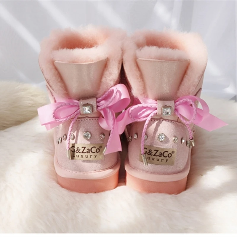 G&Zaco Luxury Girl Sheepskin Boots Sweet Crystal Bow Snow Boots Short Flat Winter Natural Wool Genuine Leather Women Ankle Boots