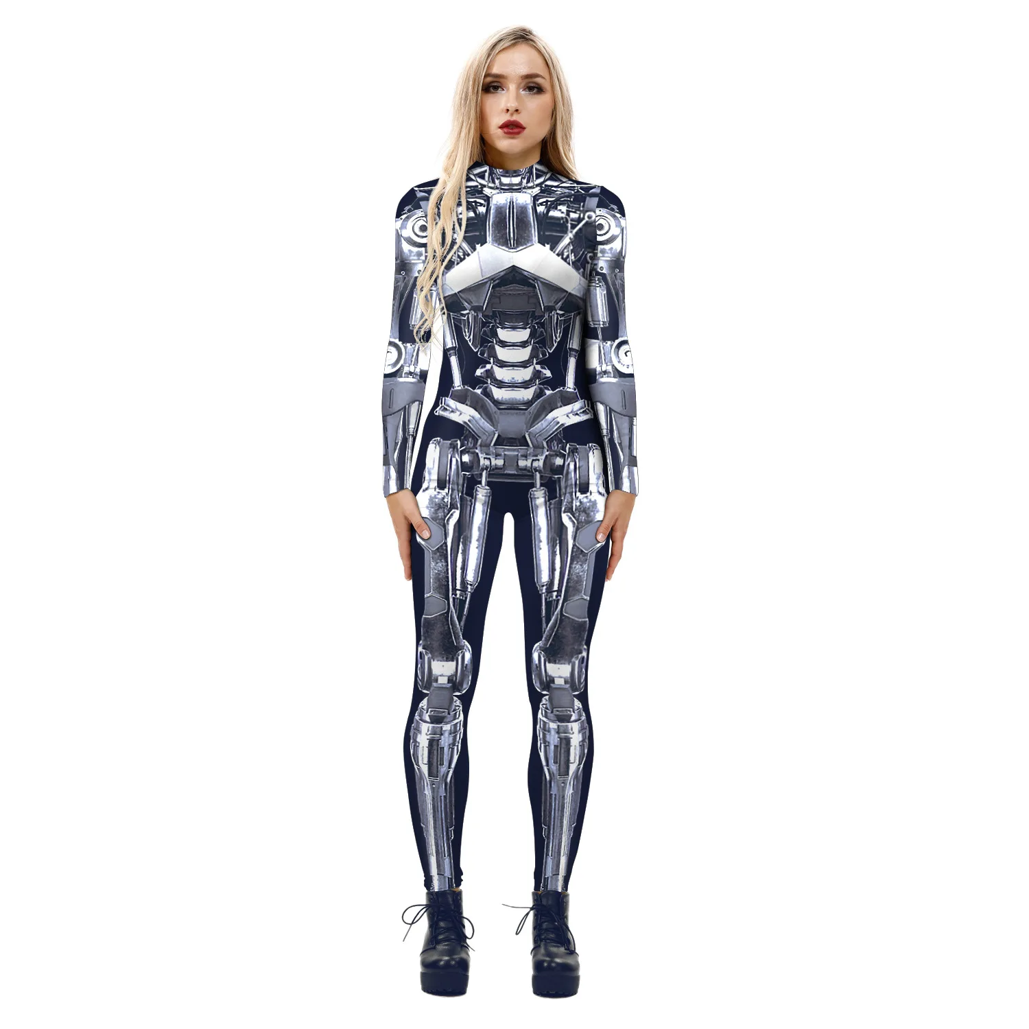 Retro Punk Bedrukte Jumpsuits Mode Cosplay Performance Kostuums Lange Mouw Volwassen Zentai Pak Mechanische Bodysuit Kleding