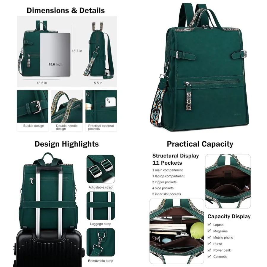

Leather Laptop Backpack for Women, Designer Ladies Work Travel Computer Backpack with Laptop Compartment Suede Green