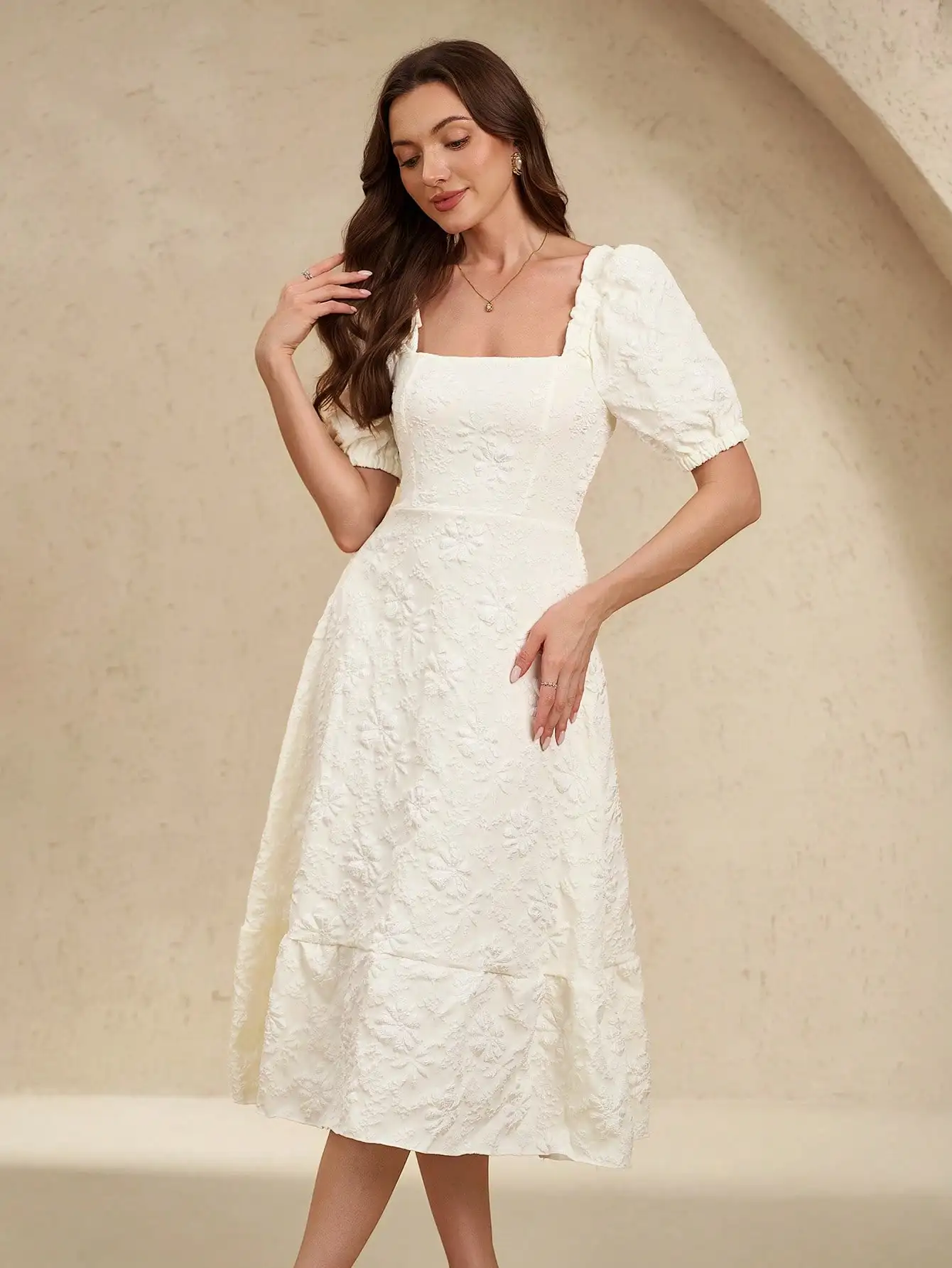 Women Solid Color Floral Jacquard Ruched Waist Puff Sleeve Midi Dress
