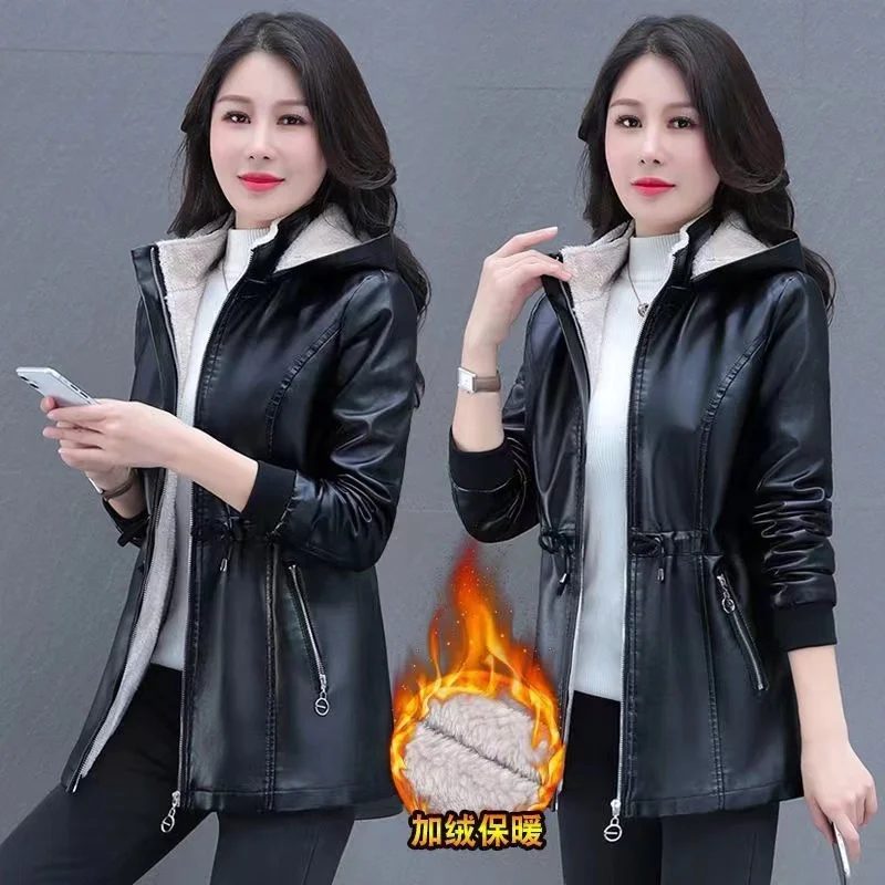 Autumn Winter Jackets Plus Velvet Women\'s Leather Coat 2024 Black Green Hooded Fashion Outwear Zipper Thick Warm Short Jacket