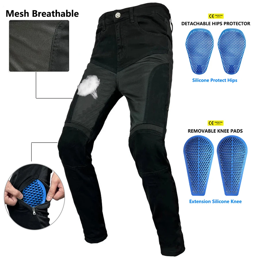 

NEW Motorcycle Jeans Men Summer Mesh Breathable Jean Motocross Jeans Streetwear Skinny Casual Designer Long Denim Pants Trousers