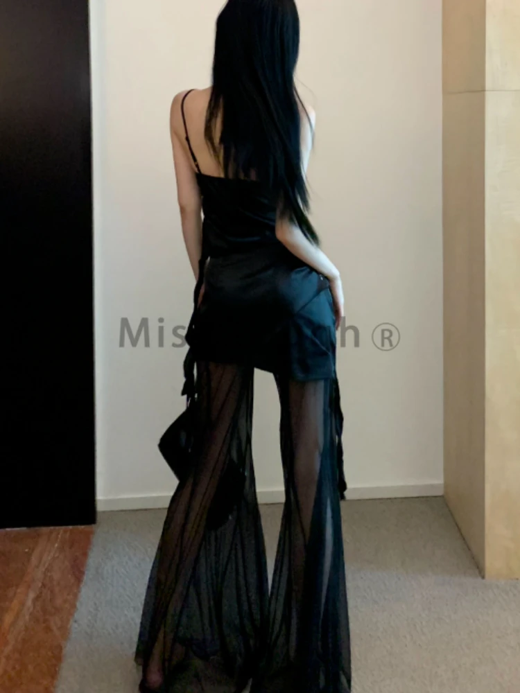 Korean Style Designer 2 Piece Set Women Black Camis Tops + Fashion Mesh Pants Suit Female Elegant Sexy Party Vintage Y2k Set New