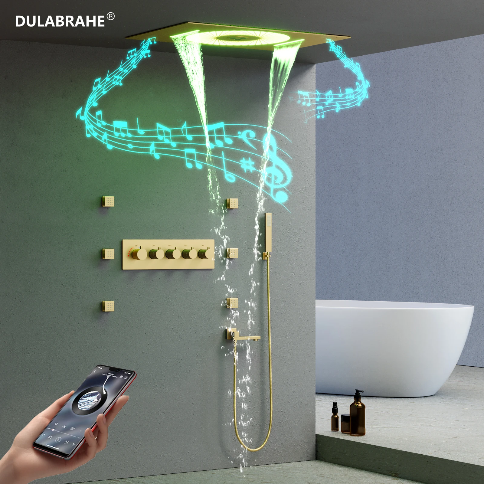 Brushed Gold Brass Shower Thermostat Set, LED Musical Tub Shower Faucet System, Side Spray, Massage Spa