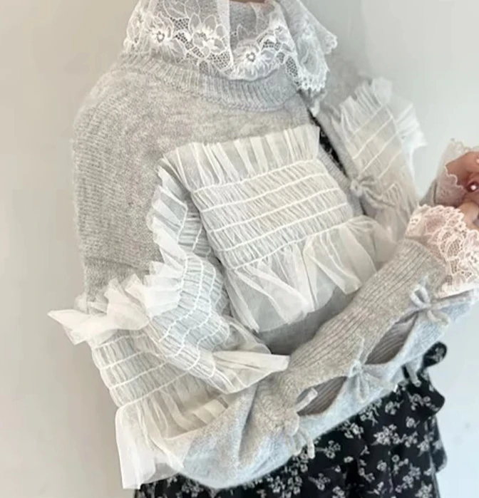 

Japanese Style Sweater Cardigans Bow Ribbon Decorated Pleated Short Knitted Cardigan Sweet Women's Sweaters Top Autumn Winter