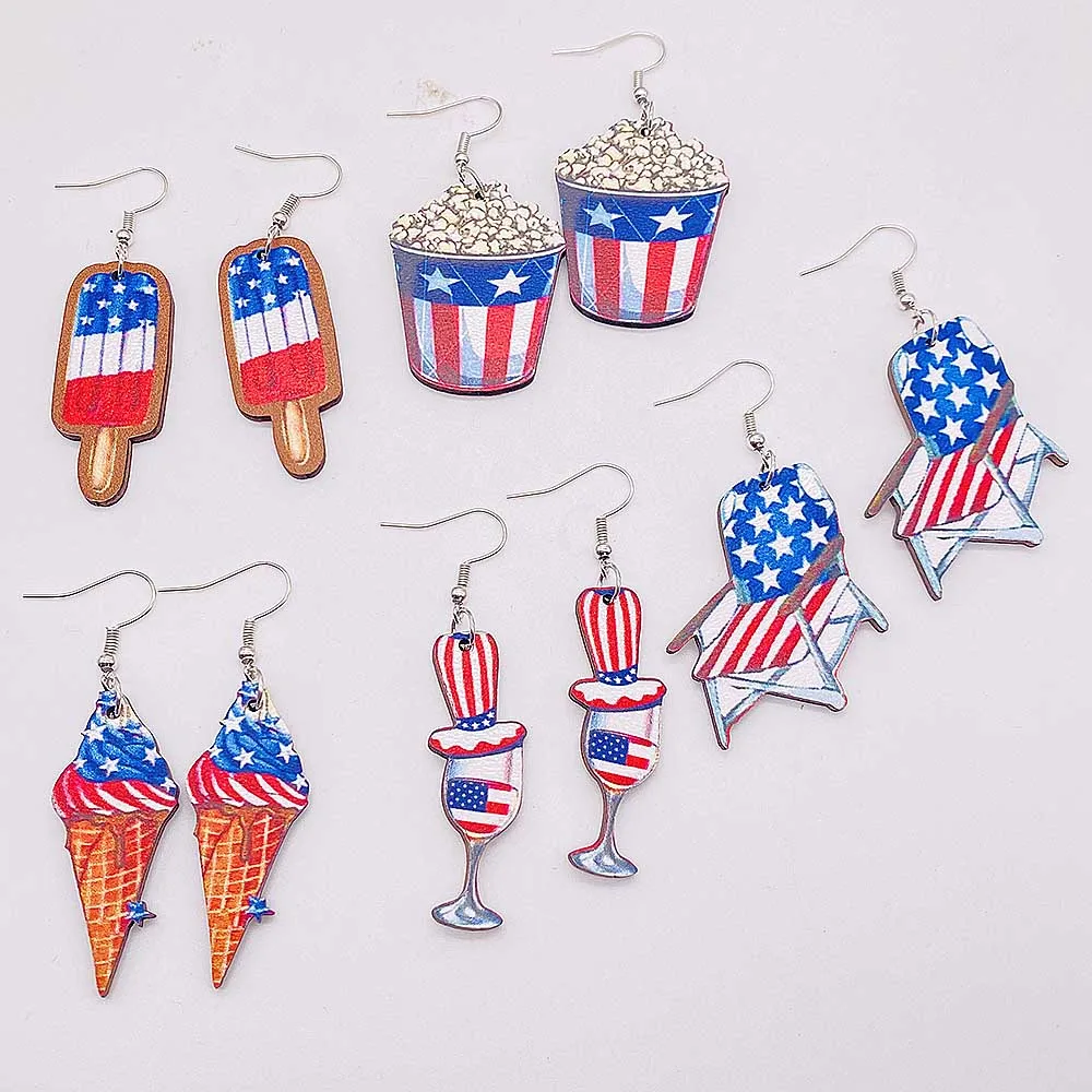 New Independence Day Earrings American Flag Ice Crea Print Wooden Earrings for Festival Gift Lovely Jewelry