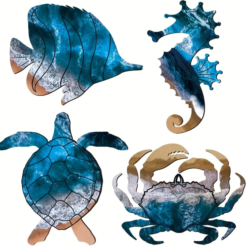 

4pcs Mediterranean Style Summer Ocean Wall Decoration Nautical Theme Turtle Sea Fish Wooden Sea Hanging Ornaments Seahorse Crab