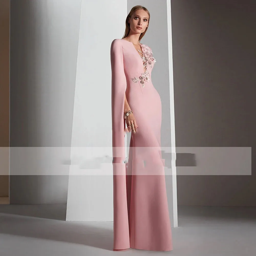 Pink Jersey 2022 Mother Of The Bride Dresses Mermaid Evening Dresses Flowers Simple Long Sleeves Jewel NeckCL-761