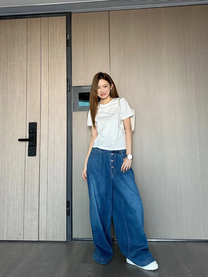 

2024 Spring Women's Street Style Women's Cowboy Style Lazy Casual Casual Single breasted Wide Leg Floor Pants