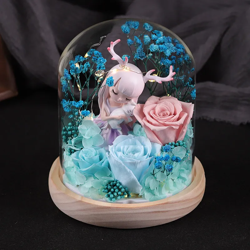 

Luxury Real Rose Preserved Glass Dome with LED Lights And Deer Girl Figurine - Unique Birthday Gift for Girlfriend Dried Flower