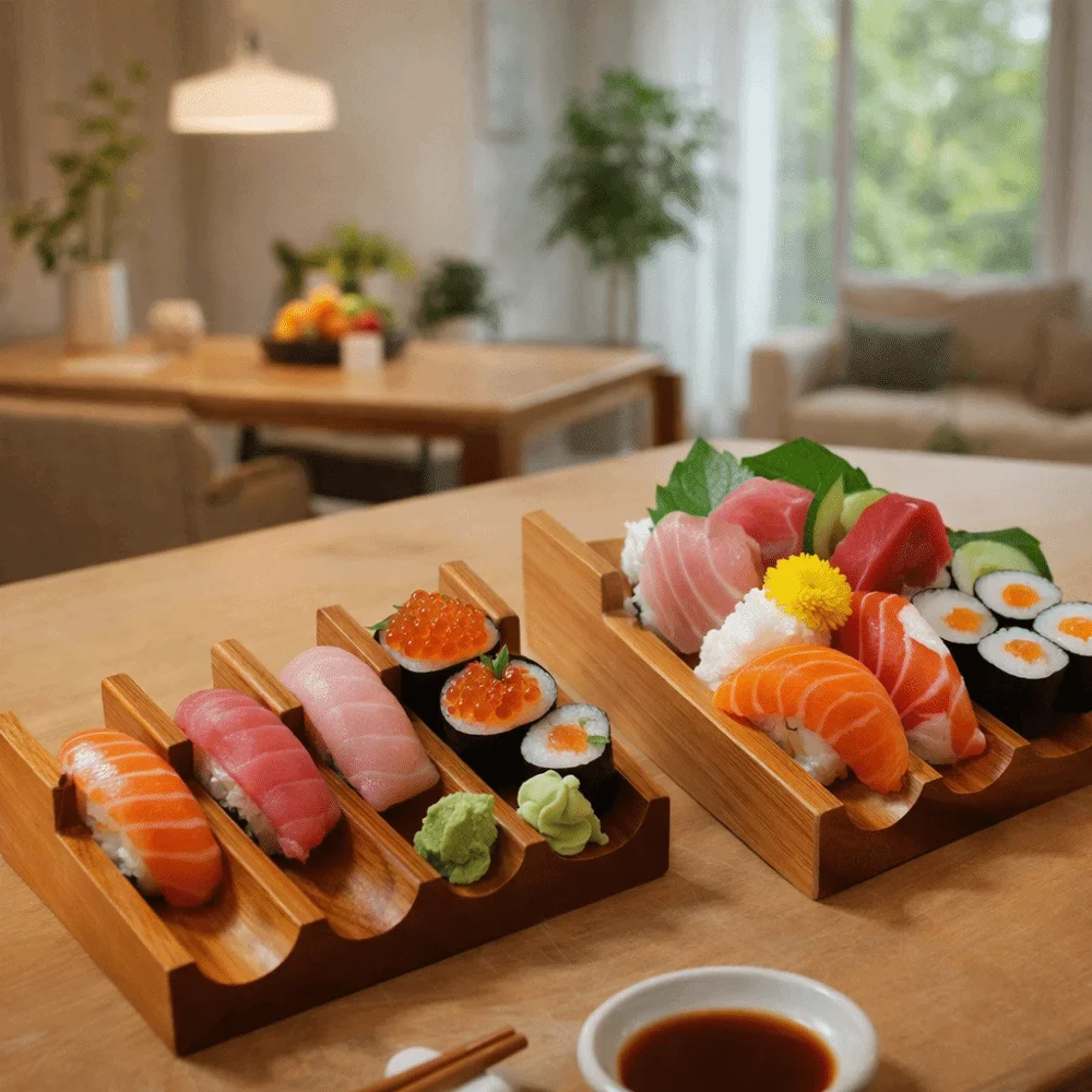 

U-shaped Walnut Sushi Rack Thickened Smooth Texture Urchin Holder Sushi Boat Japanese Style Food Display Rack Kitchen Tool