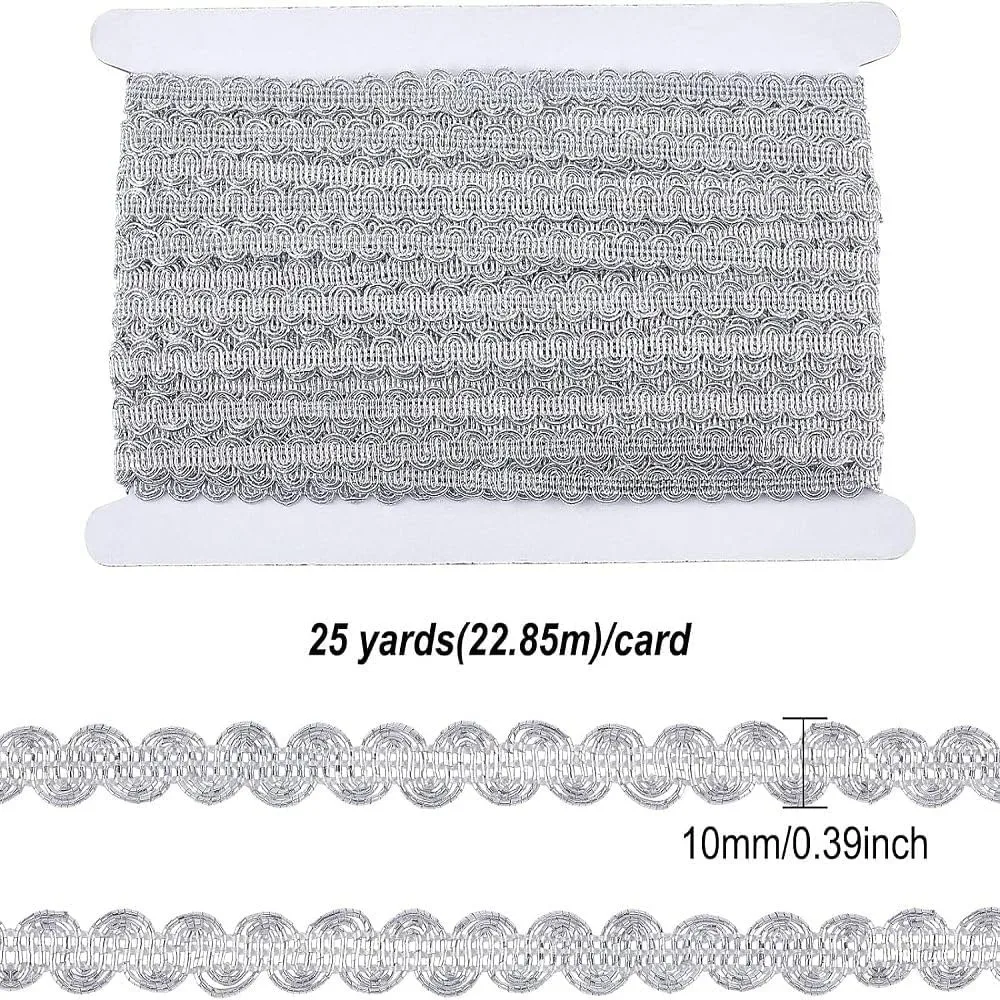 25 Yard Metallic Scroll Braid Trim Embellishment 3/8inch Wide Silver Polyester Ribbon with Wave Pattern