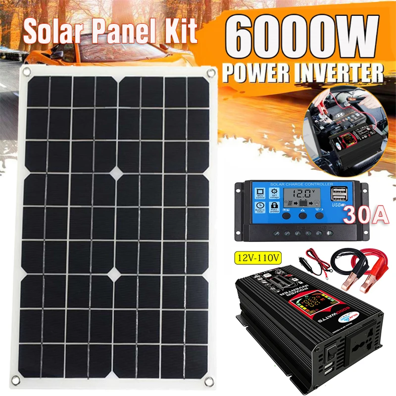 Solar Power Generation System Dual USB 18W Solar Panel + 6000W Power Inverter with Smart LCD DisplayUSB Ports 12V to 110/220V