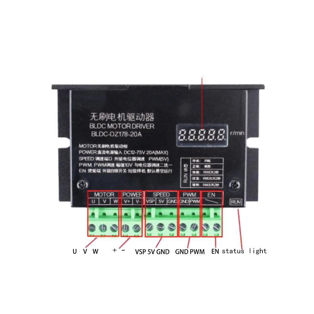 BLDC 3 Phase Brushless No Hall Motor Drive Board 12-75V 20A 1500W Motor Control Board PWM Governor with Revolution Meter