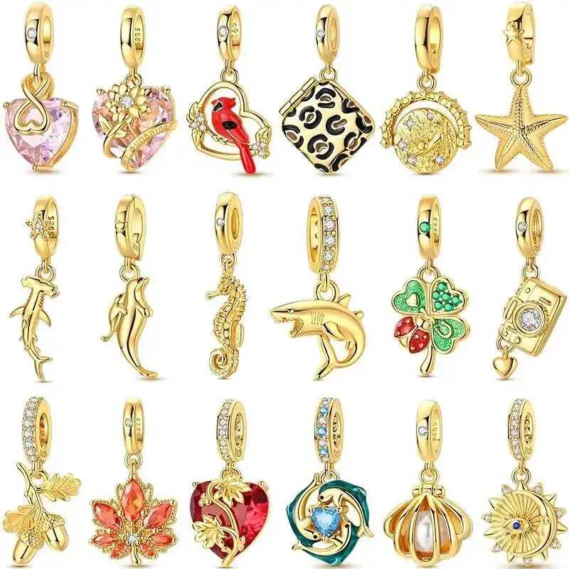 2026 Gold Charm 925 Sterling Silver Whale Openable Four-Leaf Clover Heart Fit Bangle Bracelet Necklace DIY Jewelry Gift