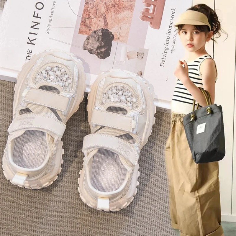 Boys' Silver/beige Close Toe Sandals with Breathable Mesh, Girls' Spring/summer New Ultra Fiber Outdoor Sandals, Sizes 26-36