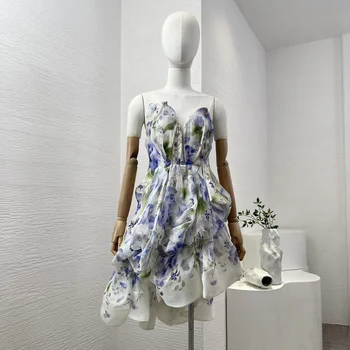 Linen Silk New Latest Collection High Quality Floral Print Vintage Sleeveless Strapless Blackless Women Elegant Mini Dress