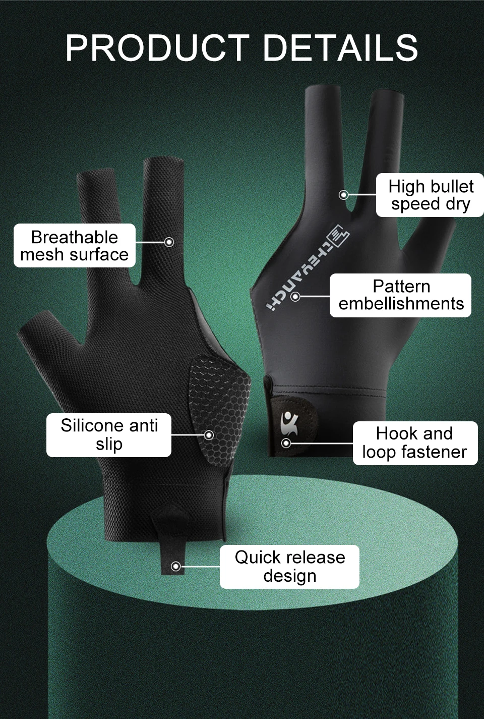 GTUBIKE 1PC Billard Handschuh Linke Hand Drei Finger Snooker Billard Handschuh Nicht Slip Aufkleber Elastizität Billard Training Handschuhe – Detail 3