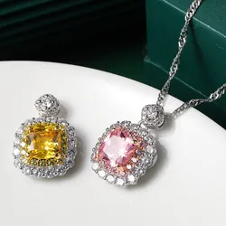 Buyee 925 Sterling Silver Classic Stone Pendant Chain 9mm Cushion Crystal & Zircon Necklace for Women Wedding Fine Jewelry Chain