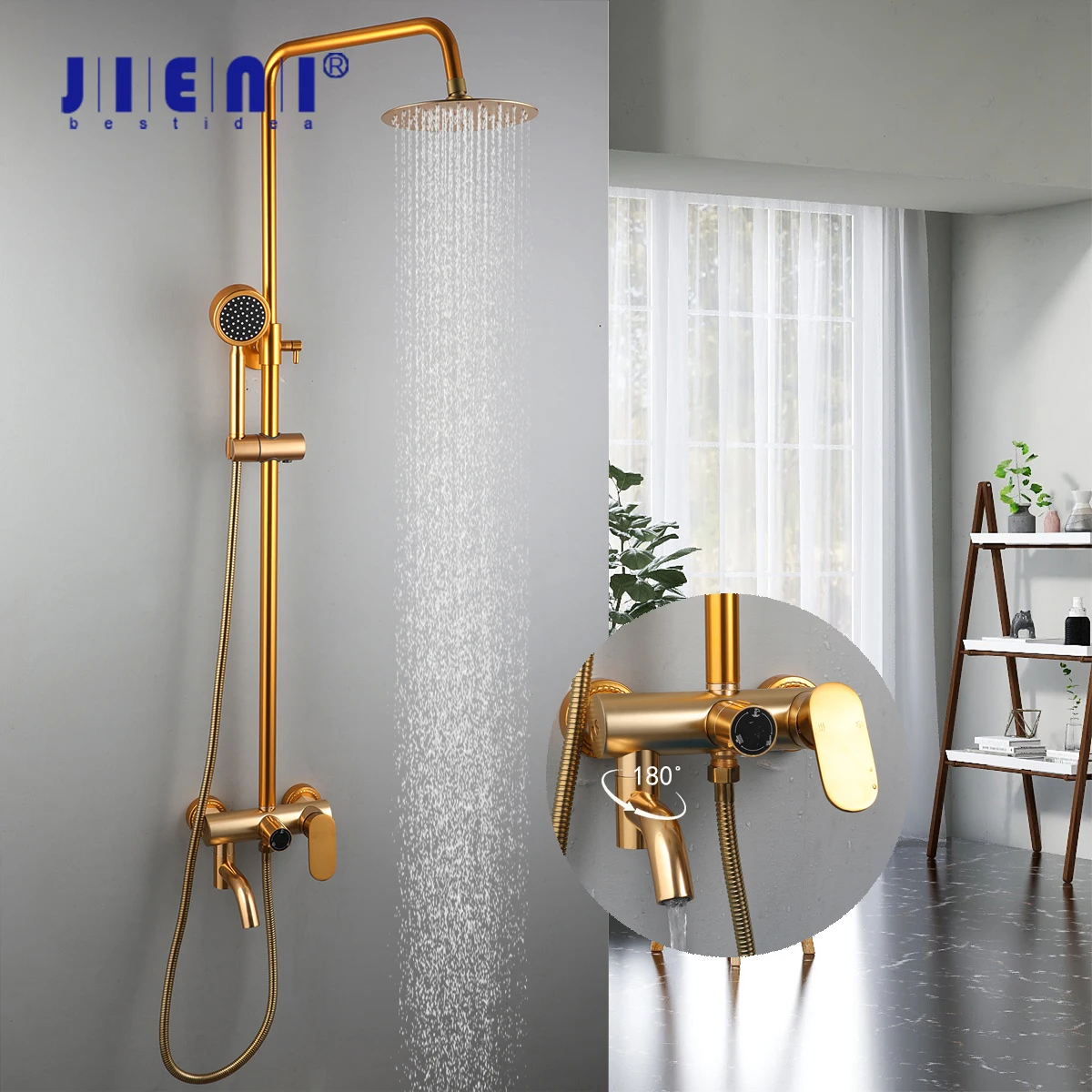 

JIENI Zirconium Gold Bathroom Shower Faucet Rainfall Round Showerhead 3 Ways Shower Set W/ Hand Shower Spray Bathtub Mixer Taps