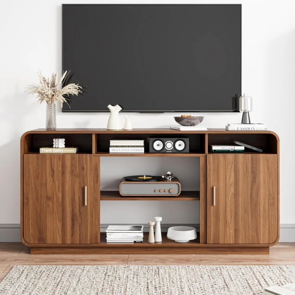 

Mid Century Modern TV Stand for 65 Inch TVs, Entertainment Center with Storage Cabinets and Adjustable Shelves, Rustic Media