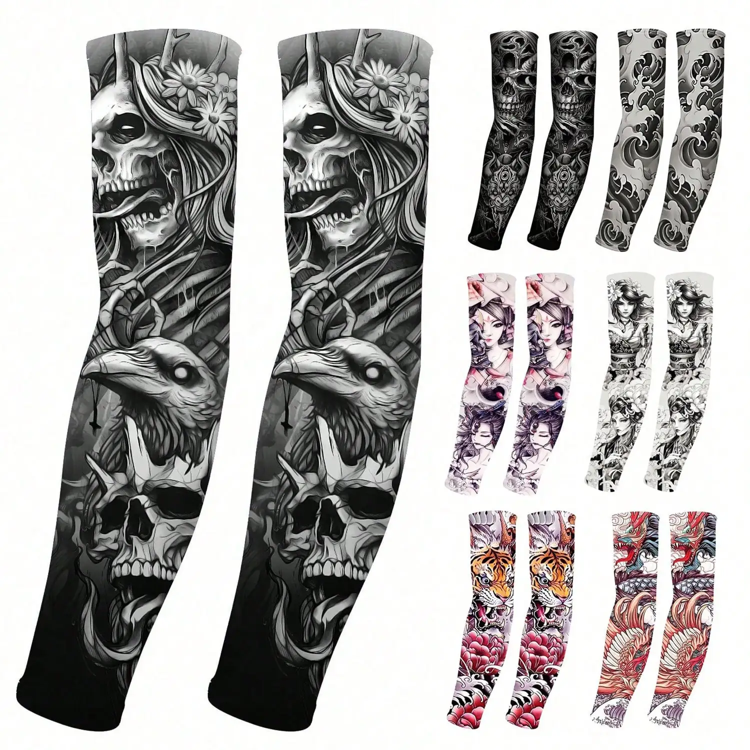 

1 Pair Unique Tattoo Cooling Arm Sleeves, Unisex, Breathable UPF 50+ Sports Compression Temporary Tattoo Sleeves, Body Art Dragon Skeleton Japanese Cosplay Accessories,Men Gifts,Cover Up