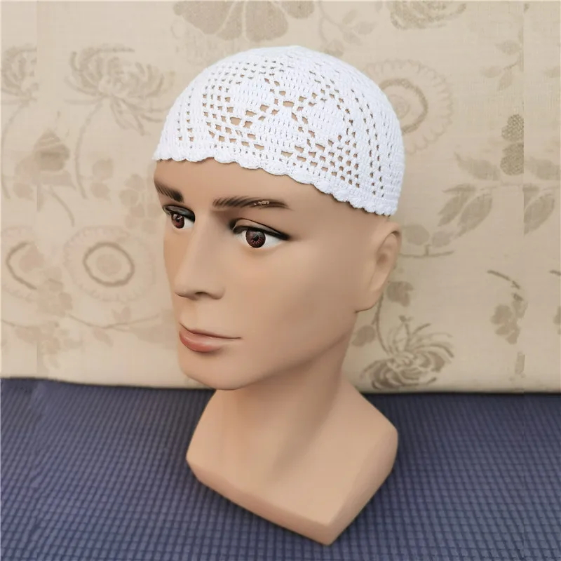 New Summer White Pure Handmade Hooked Prayer Hat Prayer Saudi Arabian Men\'s White Knitted Hat Wrapped with Headband as BottomHat