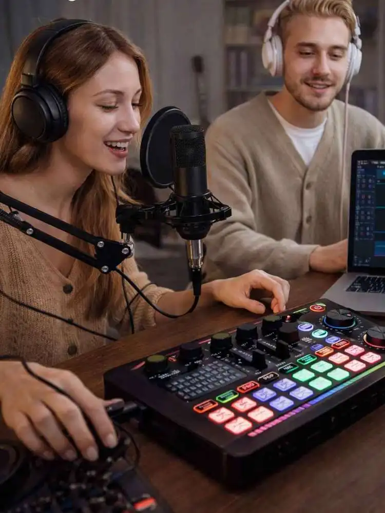 Audio Interface Soundkarte Set mit Kondensatormikrofon Schwarz Schwenkarm für Live Streaming Podcast