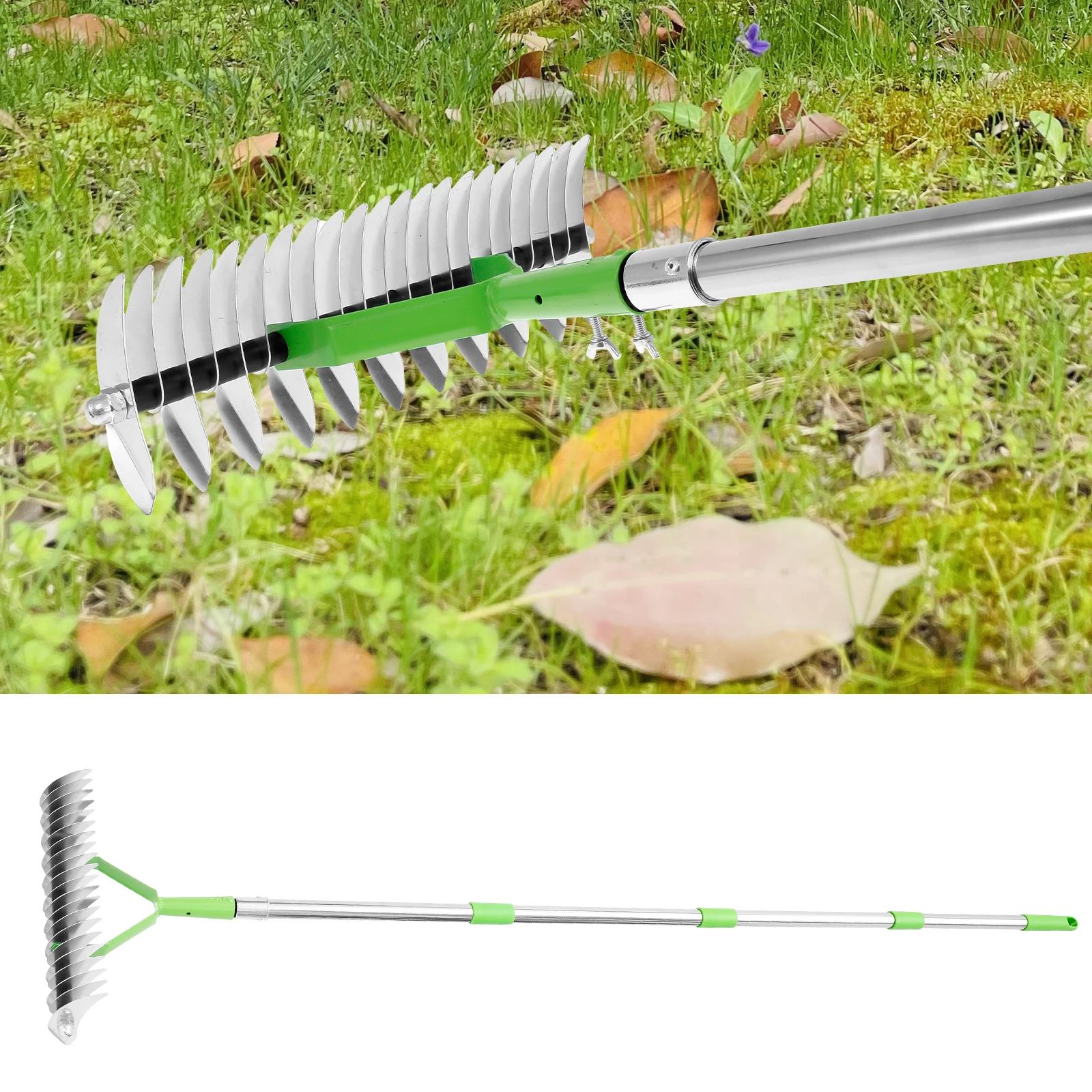 Thatch Rake Double Sided Lawn Thatching Rake Efficient Dethatcher Rake with 66.9 Inches Stainless Steel Handle Versatile Lawn