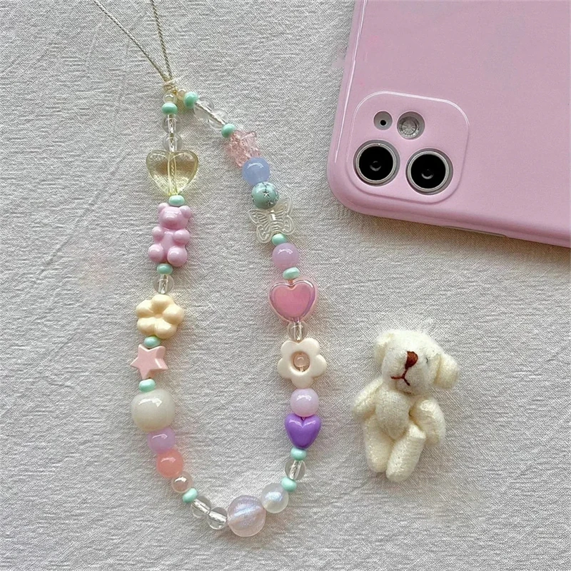 Korea Cute 3D Flower Bear Phone Lanyard For iPhone 15 Samsung Strap Girl Chain Pendant Candy Rope Jewelry Hanging Keychain Charm