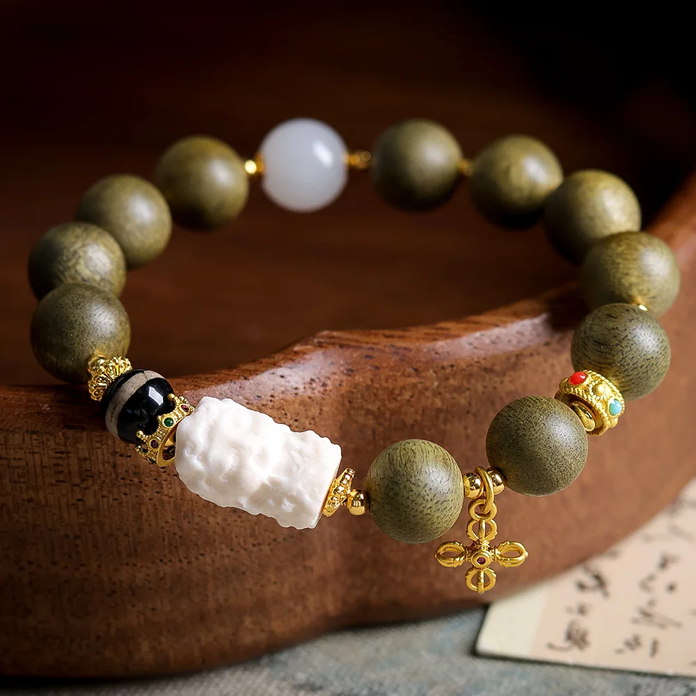 Original Design Green Agarwood Single-Strand Bracelet Antique Root-Style Pendant Green Tara Tianshan Jade Chinese-Style Bracelet