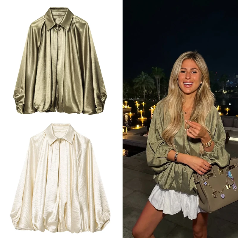 

Женская куртка-бомбер с длинными рукавами и складками, уличная одежда с застежкой-молнией, зеленая, бежевая, винтажная, повседневная летняя куртка на молнии большого размера, женская