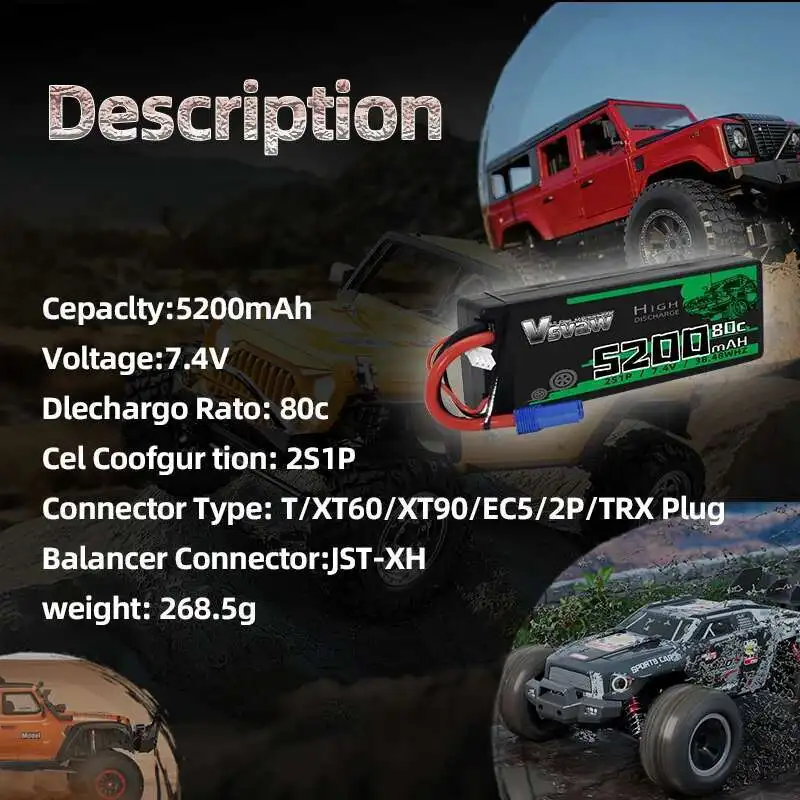 VSVAW 2S batería LiPo 7.4V con conector EC5 para coche RC