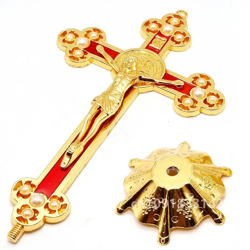 Metal jesus cristo cross Church inlaid pearl Gold crucifixo kreuz escapulario catolico Red Blue catholic cross Christian Gift