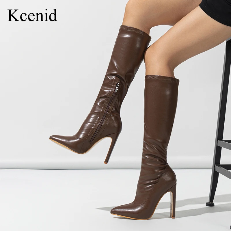 

Kcenid Autumn Women's Knee High Boots Sexy Pointed Toe Winter Shoes Black Brown Heeled Long Boot Ladies Party Footwear Shoes New