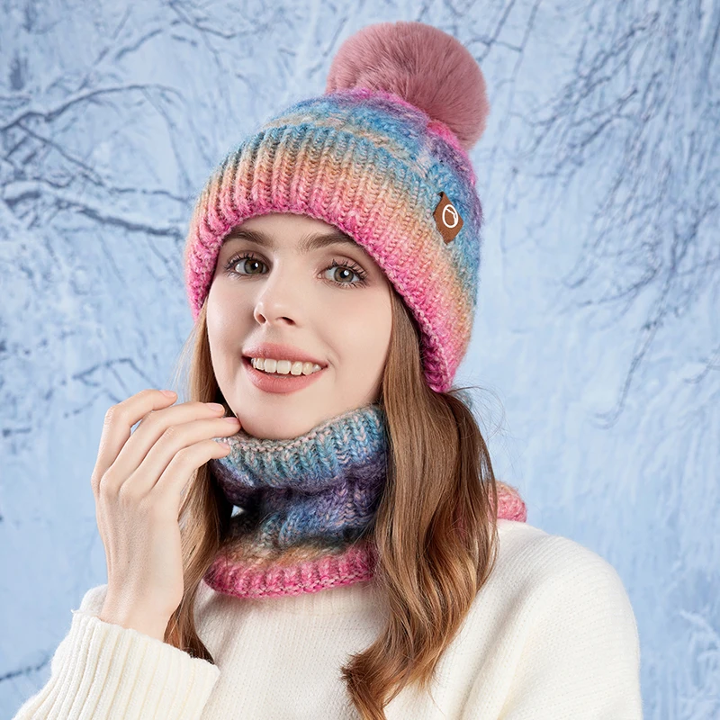 Winter Frauen Farbverlauf Gestrickte Hut Schal Set Verdickt Fleece Futter Schädeldecke Outdoor Radfahren Wind Schutz Mützen Kappe